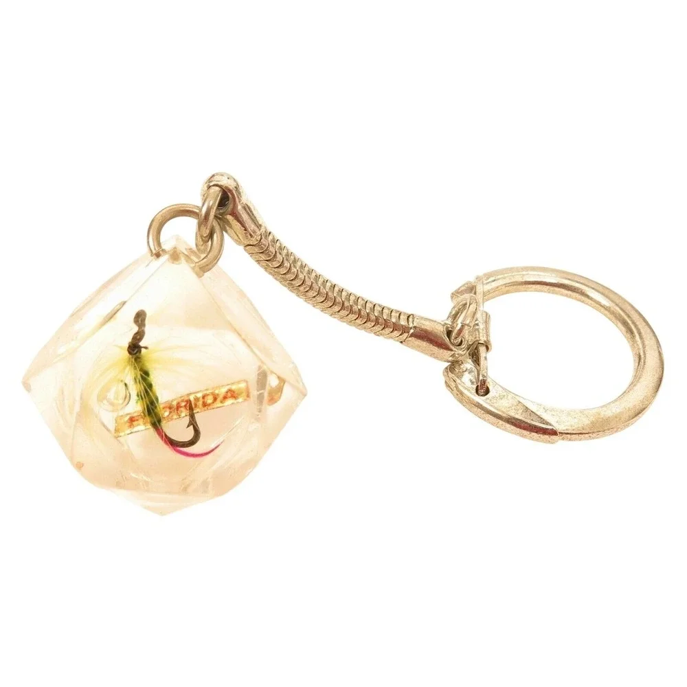 Vintage Clear Embedded Lucite Fly‎ Fishing Florida Keychain*Travel Souvenir